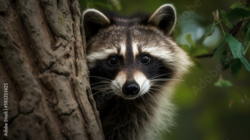 A chubby raccoon peeking out from behind a tree Generative AI