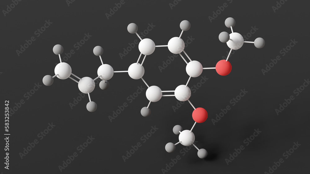 methyl eugenol molecule, molecular structure, phenylpropene, ball and stick 3d model, structural chemical formula with colored atoms methyl eugenol molecule, molecular structure, phenylpropene, ball and stick 3d model, structural chemical formula with colored atoms