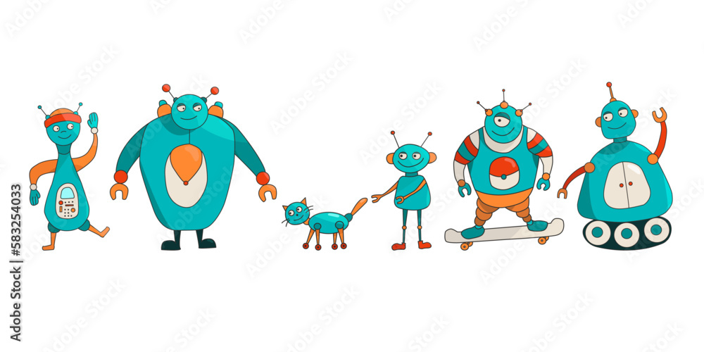 A set of bright robots in cartoon style. Isolated vector image. A set of bright robots in cartoon style. Isolated vector image.