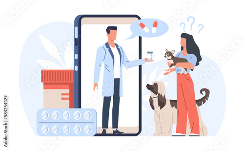 Girl uses online vet services and talks to veterinarian about treating her dog. Huge smartphone with doctor on screen. Domestic animals clinic. Vector cartoon flat isolated medical concept