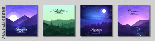 Vector illustration. Landscapes set. Flat style. Travel concept of discovery nature.  Adventure tourism. Design for social media, gift card, banner, touristic card. 