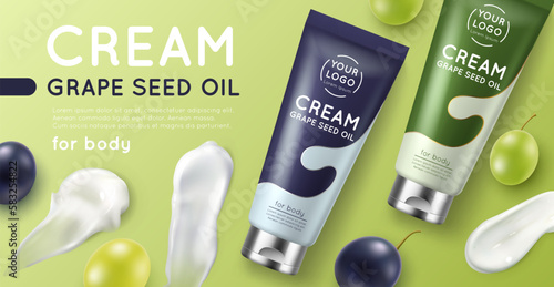 Grape seed cosmetics poster. Realistic beauty product banner, fruit extract body cream, tubes form packaging design, 3d isolated elements, product ad. Face moisturizer utter vector concept