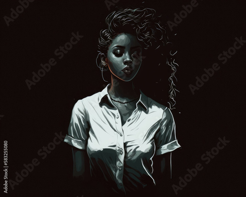 A single black woman her white shirt standing out a the darkness of night looks onward with a calm but powerful demeanor.. AI generation.