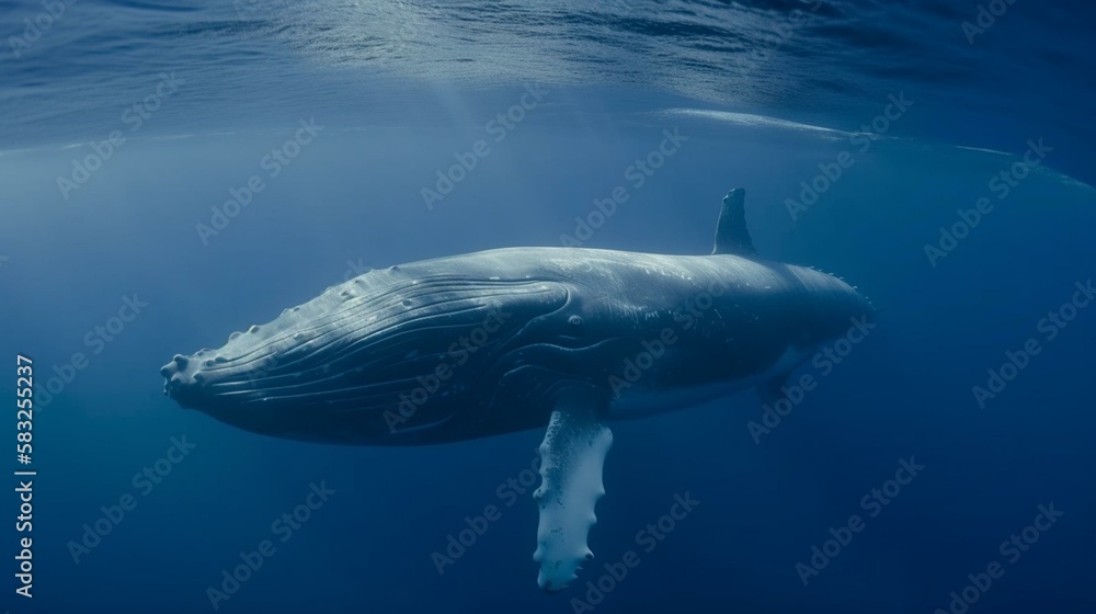 A majestic blue whale slowly swimming through the ocean Generative AI