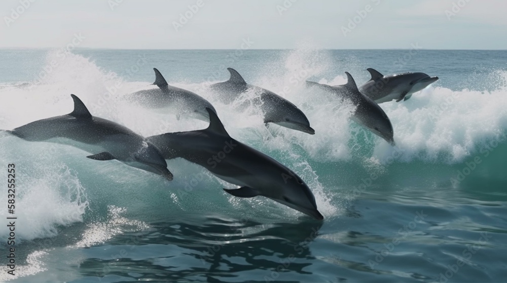 Fototapeta premium A group of playful dolphins jumping and playing in the waves Generative AI
