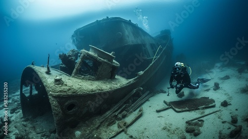 A deep sea diver exploring a shipwreck on the ocean floor Generative AI