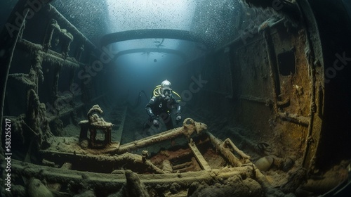 A deep sea diver exploring a shipwreck on the ocean floor Generative AI