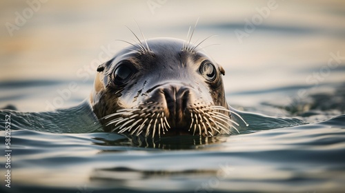 A curious seal peeking out of the water Generative AI © Наталья Евтехова