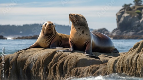 A pair of sea lions basking on a rocky outcrop Generative AI