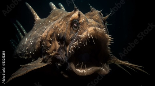 A deep sea anglerfish with its gaping jaws and sharp teeth Generative AI photo