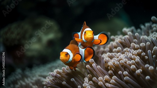 A pair of clownfish swimming in and out of an anemone Generative AI