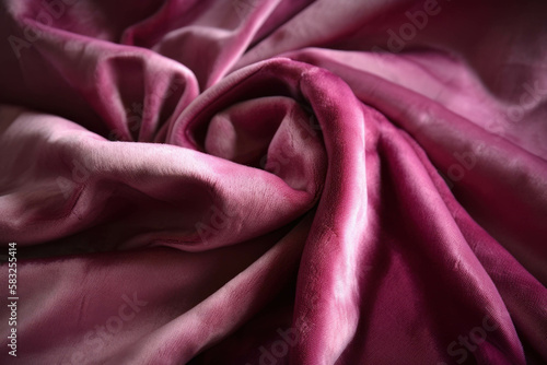 A close up of napped magenta velvet with a brushed and brushed texture. Trendy color of 2023 Viva Magenta.. AI generation.