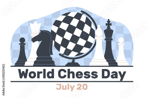 International Day of Chess, chess pieces and globe in form of chessboard. Professional international championship or tournament poster, king queen and pawn, vector cartoon flat concept