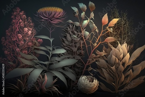 nBotanical beauty, golden silk, and smoky drama: Stunning 8k digital art prints of flora, hyper-detailed and hyper-realistic with cinematic flair, Generative AI photo