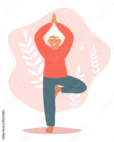 An elderly woman does yoga, goes in for sports, monitors his health. Active older grandmother on the move. Vector graphics.