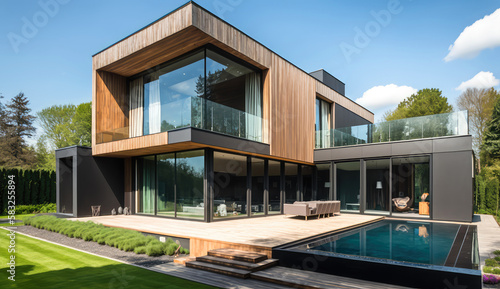 Wood, metal and glass. Ultra-modern minimalistic style home design. Generative AI © piai