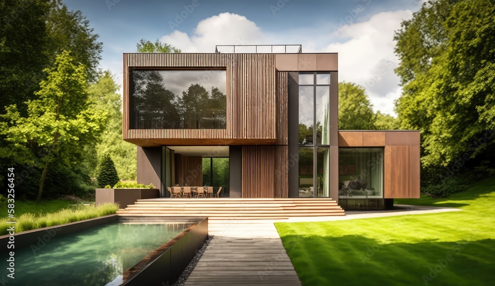 Wood, metal and glass. Ultra-modern minimalistic style home design. Generative AI Wood, metal and glass. Ultra-modern minimalistic style home design. Generative AI