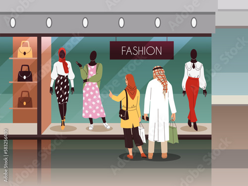Muslim couple shopping. Arabian spouses at shop window, fashionable clothes choice, family looking at dress and trendy accessories in mall, cartoon flat characters, tidy vector concept