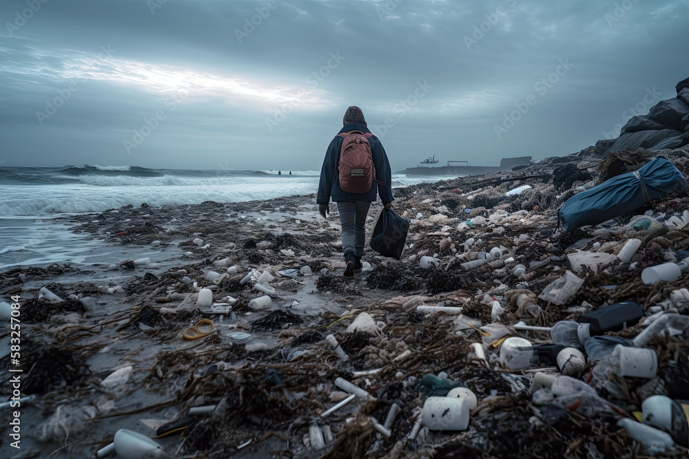 Fototapeta premium Generative Illustration AI of a person walking on a beach contaminated by plastic and waste of all kinds. Problematic about global warming and the plastics and garbage that pollute the planet