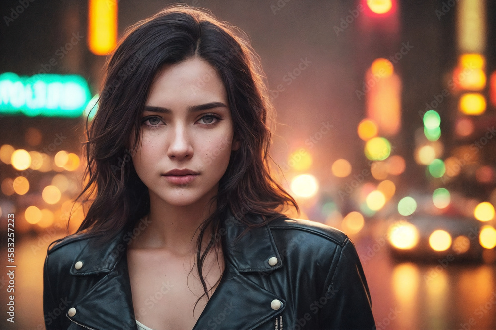 Fototapeta premium A beautiful woman portrait, night city as background. Generative AI.