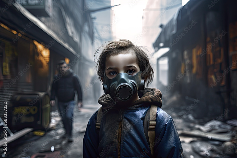 Generative Illustration AI of a boy with a gas mask in a city with polluted air. Problematic about global warming and the plastics and garbage that pollute the planet Generative Illustration AI of a boy with a gas mask in a city with polluted air. Problematic about global warming and the plastics and garbage that pollute the planet