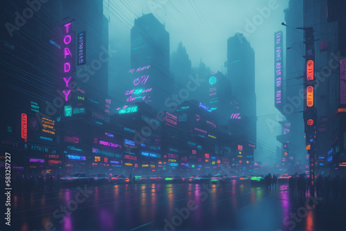 Rainy night street in futuristic city, skyscrapers, cars and random people, foggy. Generative AI.
