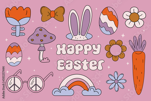 Big set of trendy retro cartoon style. Groovy Easter. Vector hand drawn illustration. Hippie clip art. Flowers, mushrooms, rainbow, sunglasses, carrots, easter eggs, bunny ears in 60s 70s style.