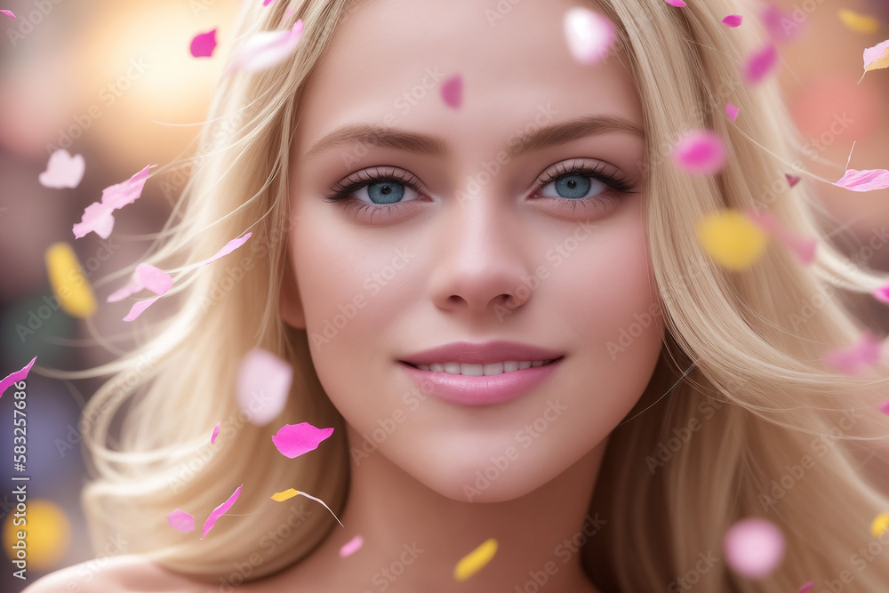 a beautiful girl smiles and looks directly into the camera, colorful confetti fall around her face, Generative AI a beautiful girl smiles and looks directly into the camera, colorful confetti fall around her face, Generative AI