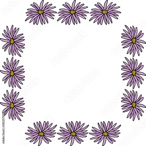 Square frame with Aster alpinus on white background. Vector image.