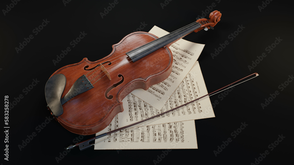 Old violin on the music sheet papers with violin bow. Isolated with black background. 3d illustration Old violin on the music sheet papers with violin bow. Isolated with black background. 3d illustration