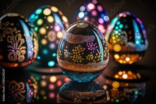 fantasy amazing luxury Easter painted egg in glass egg on dark background. Happy Easter magical,generative ai.