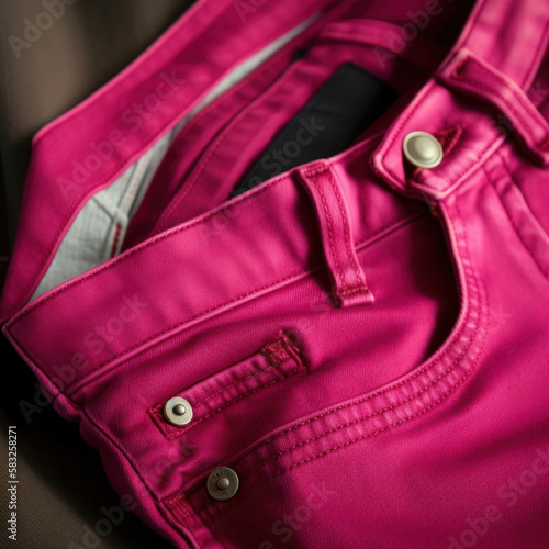 A closeup of a pair of magenta skinny jeans cuffed at the ankle. Trendy color of 2023 Viva Magenta.. AI generation.