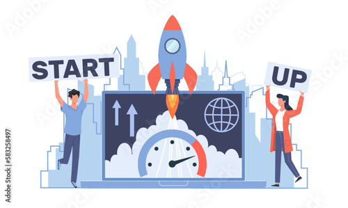 Starting new business project, startup innovation business. Huge laptop with rocket landing on device screen. Tiny man and woman. Cartoon flat illustration. Vector teamwork concept