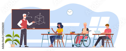 Teacher and diverse children learn in classroom, child with disability learns while sitting in wheelchair. Cartoon flat style isolated characters. Normal student life, vector concept