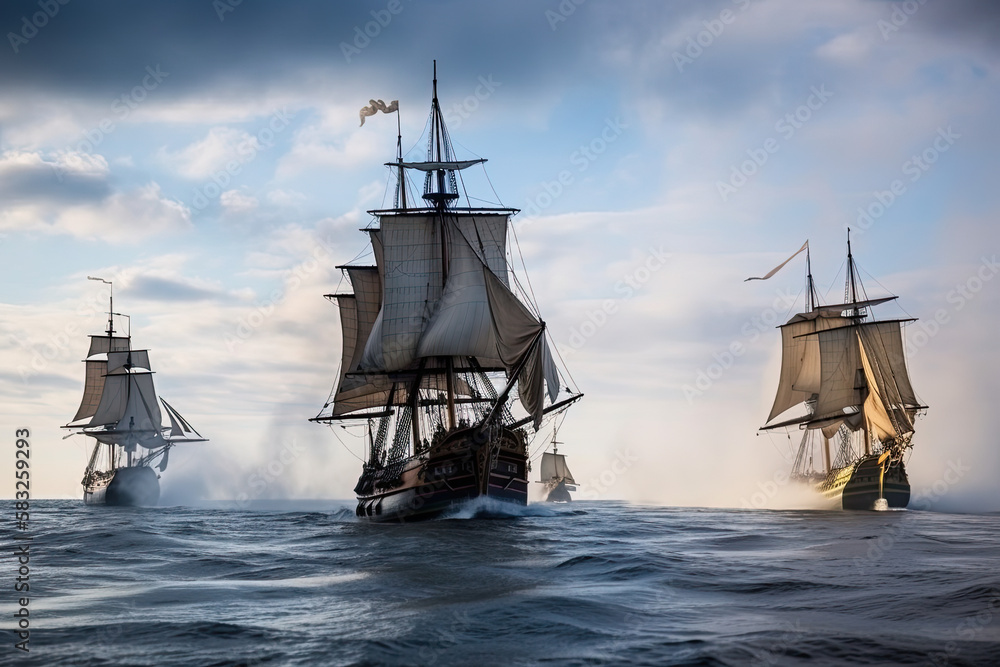 Fototapeta premium Galleons engaged in a fierce naval battle on the open sea during the 17th century. Generative Ai.