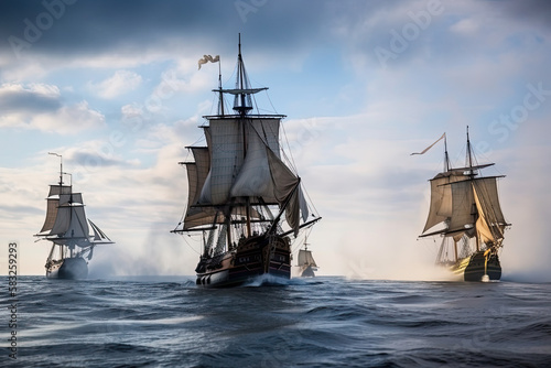 Galleons engaged in a fierce naval battle on the open sea during the 17th century. Generative Ai.