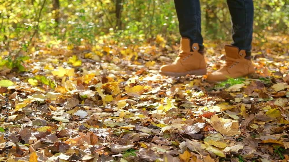 A man in red shoes walks through the autumn forest. Orange boots on yellow dry fallen leaves. Rest, relaxation in the autumn forest. Autumn concept of walking through forest. Recreation and travel. A man in red shoes walks through the autumn forest. Orange boots on yellow dry fallen leaves. Rest, relaxation in the autumn forest. Autumn concept of walking through forest. Recreation and travel.