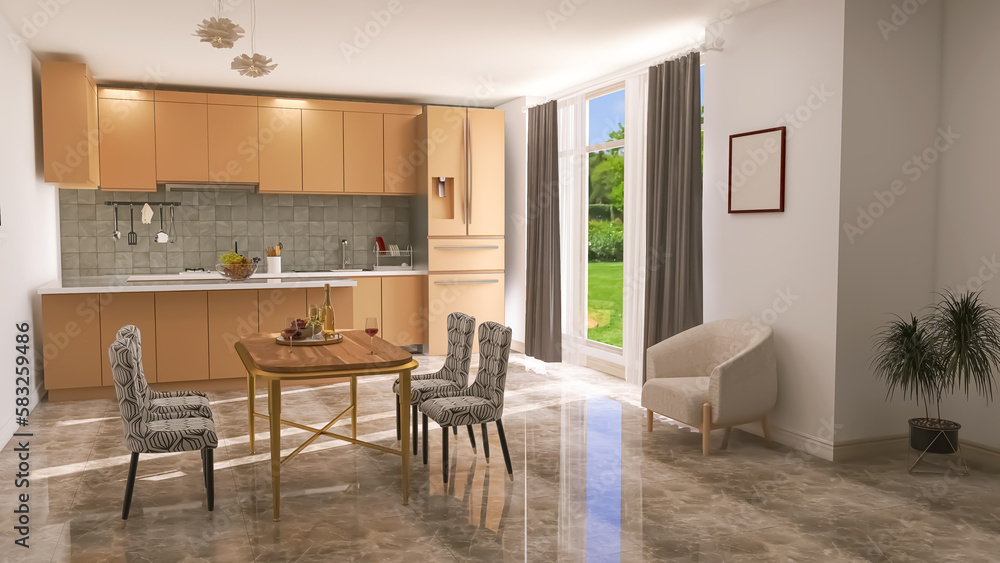 Fototapeta premium Kitchen dining room 3d render, 3d illustration