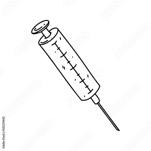 Hand drawn vector illustration of syringe in doodle style. Cute illustration of a medical equipment on white background.