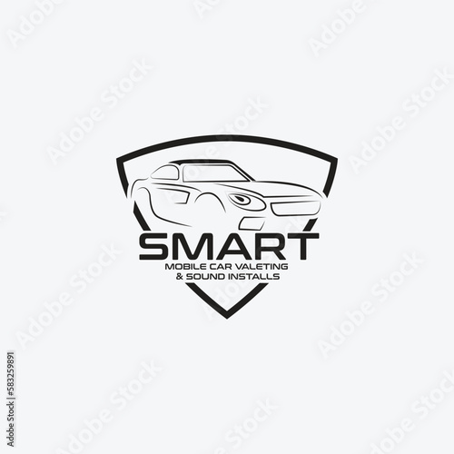 mobile car valeting and sound install logo with car outline silhouette lineart and shield