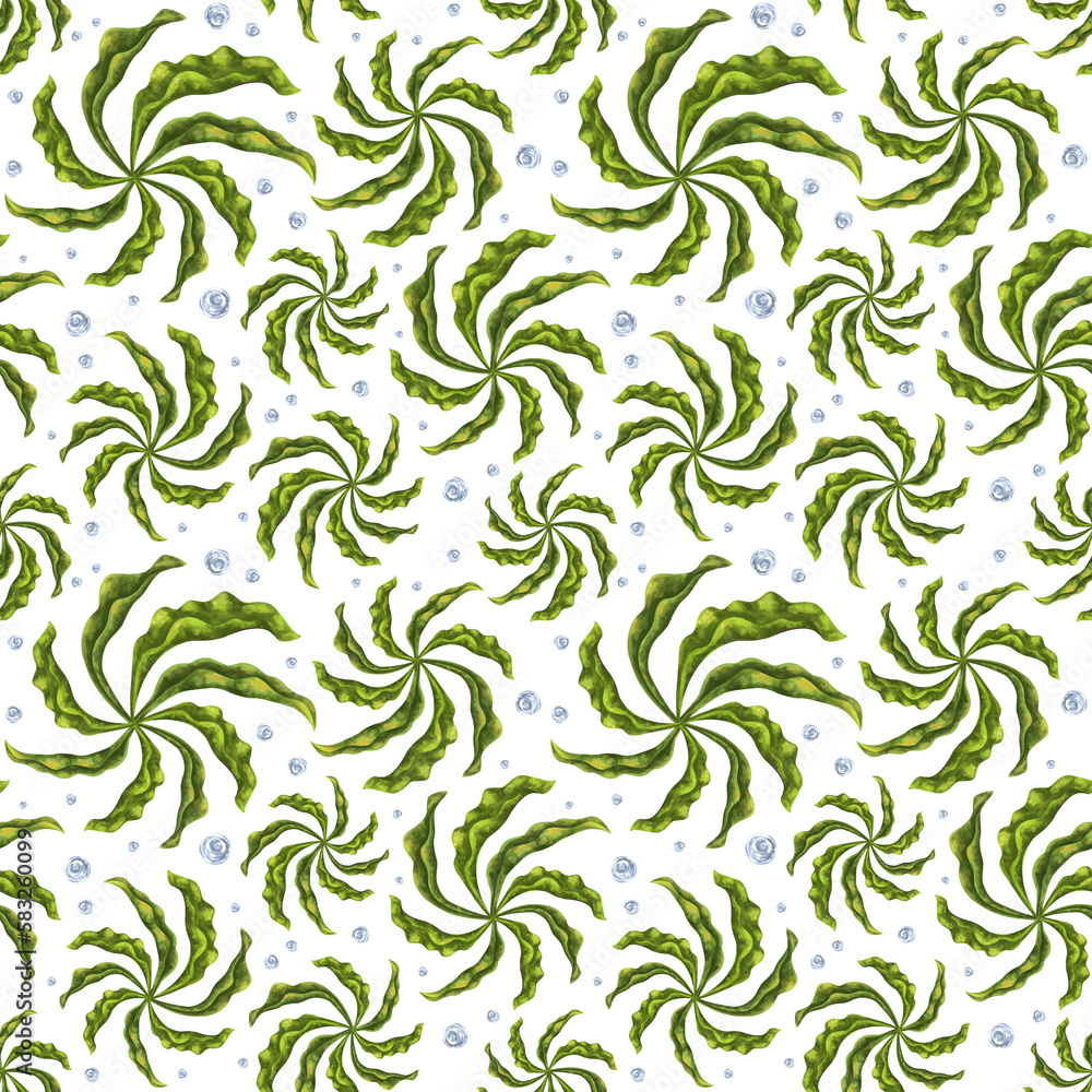 Seamless pattern with thickets of bright green seaweed and water bubbles. Background for textiles, fabrics, banners, wrapping paper, wallpaper and other designs