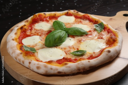 Italienische Pizza Margherita - Traditionelle Neapolitanische Pizza mit Tomaten, Mozzarella und Basilikum  photo