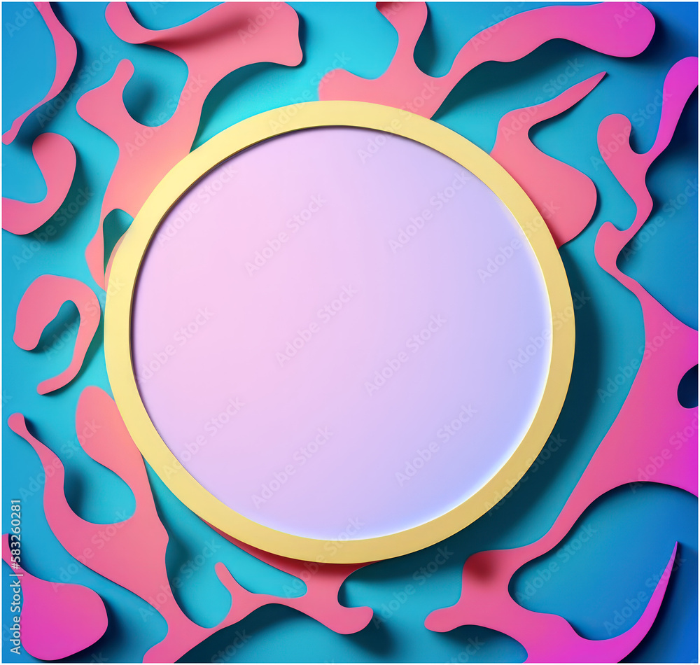 Fototapeta premium Blank Brochure Round Frame on Bright Blue Background Pink Blue Yellow Violet Doodle and Blank Space for Your Text Illustration - Post-processed Generative AI