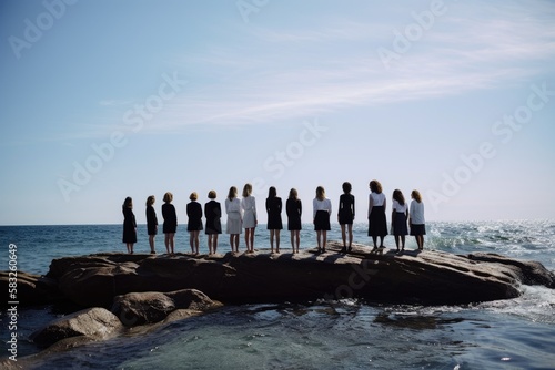Rear view of businesswomen standing on rock in the ocean facing oncoming waves  created with Generative AI 