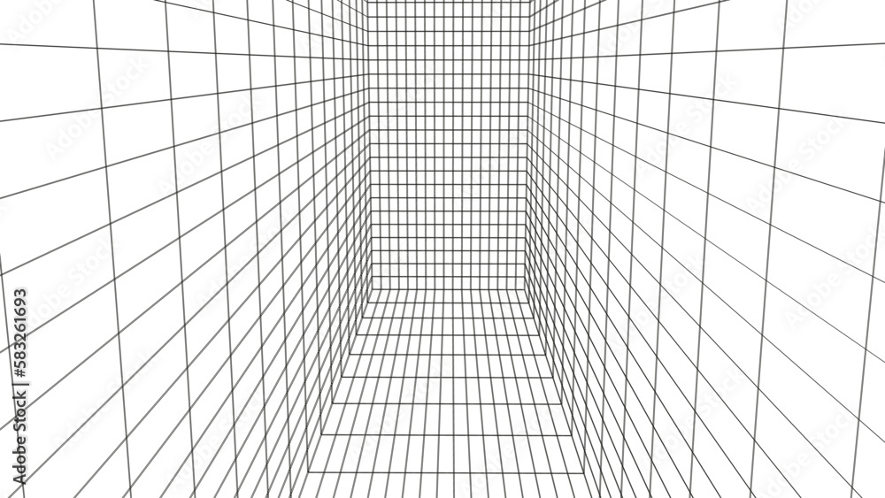 Futuristic digital grid box white-black background. Wireframe room network abstract technology line with effect of illusion. Vector illustration. Futuristic digital grid box white-black background. Wireframe room network abstract technology line with effect of illusion. Vector illustration.