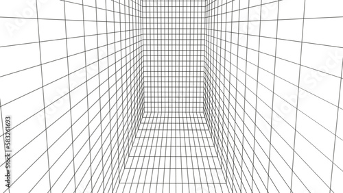 Futuristic digital grid box white-black background. Wireframe room network abstract technology line with effect of illusion. Vector illustration.