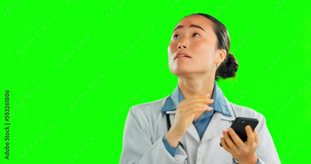 Doctor, woman and texting by green screen with swipe, cellphone or confused for choice by mockup background. Asian medic, phone app and search menu for decision, options and mock up ux for healthcare Doctor, woman and texting by green screen with swipe, cellphone or confused for choice by mockup background. Asian medic, phone app and search menu for decision, options and mock up ux for healthcare