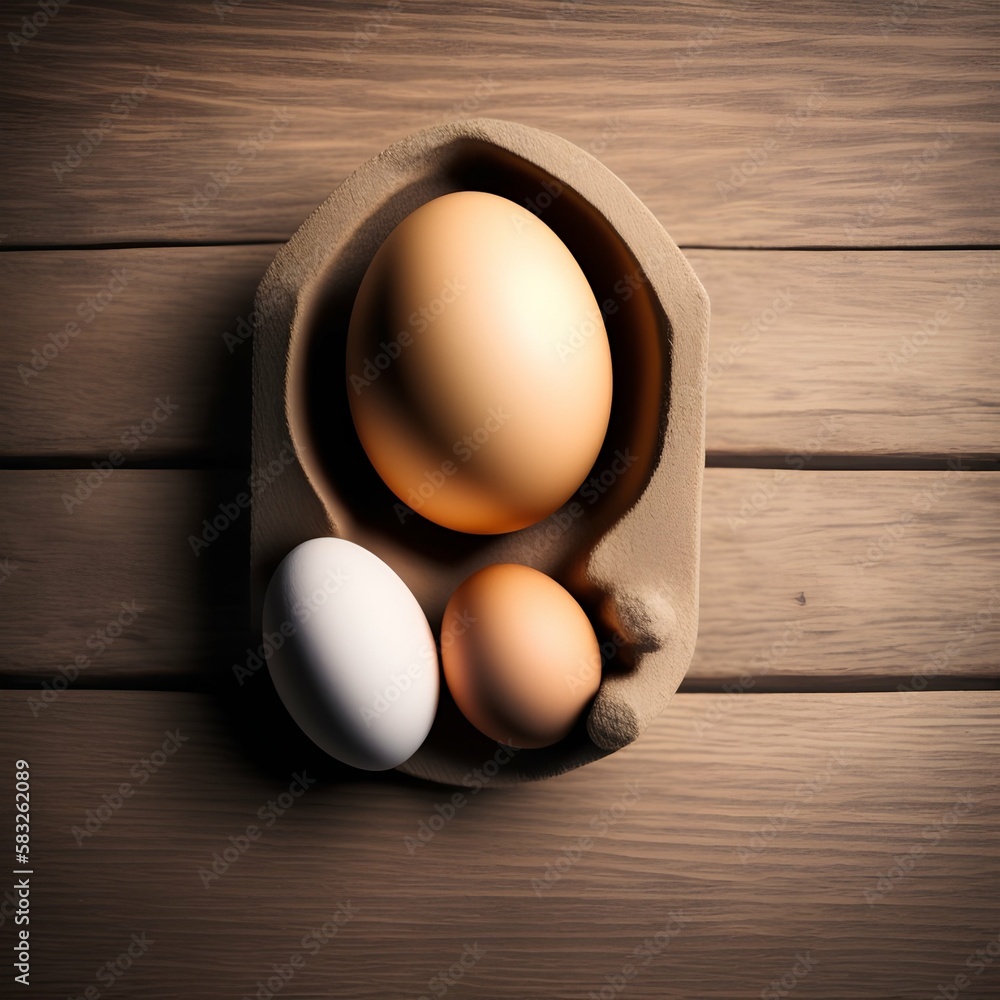 Top view of eggs on wooden table - generative ai Top view of eggs on wooden table - generative ai
