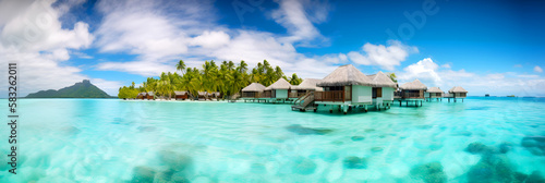 Banner image of a tropical beach with bungalows, illustrator ai generative