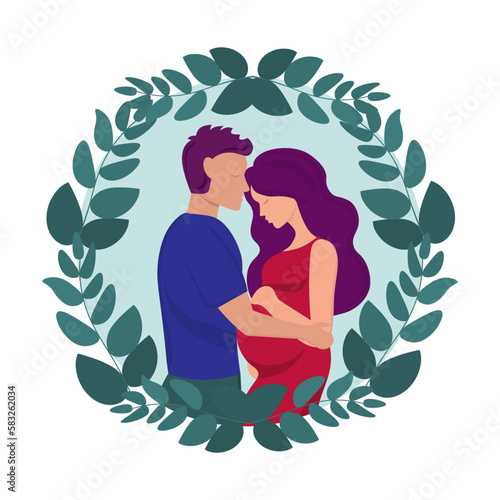 Father and pregnant wife hugging. Vector illustration.